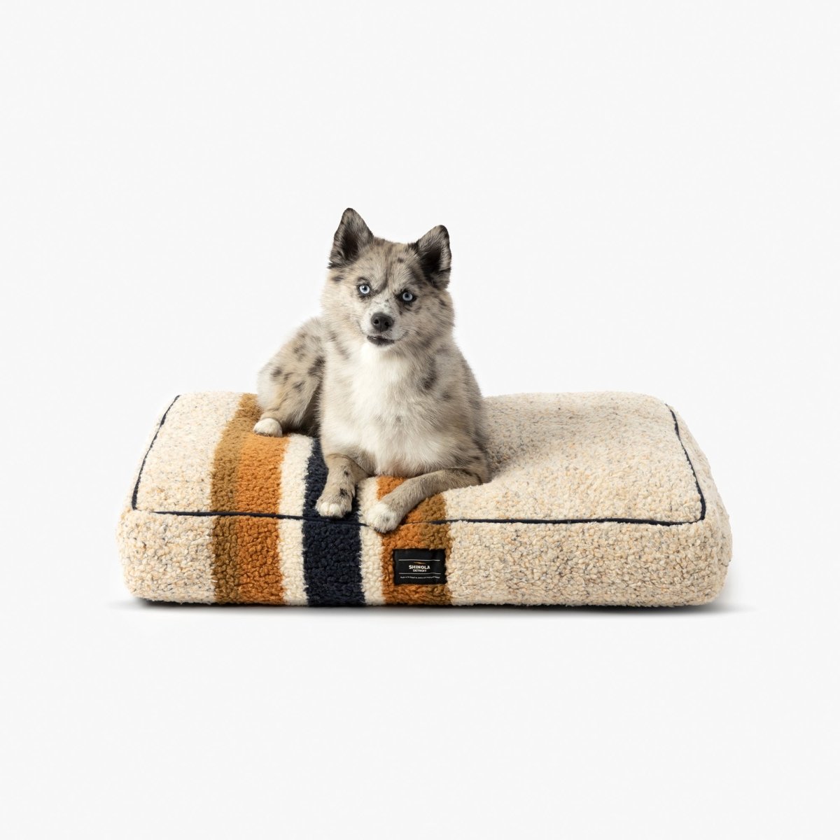 Shinola Brand Luxury Dog Bed, Stripe Napper Pillow With Removable Berber Cover in Oatmeal